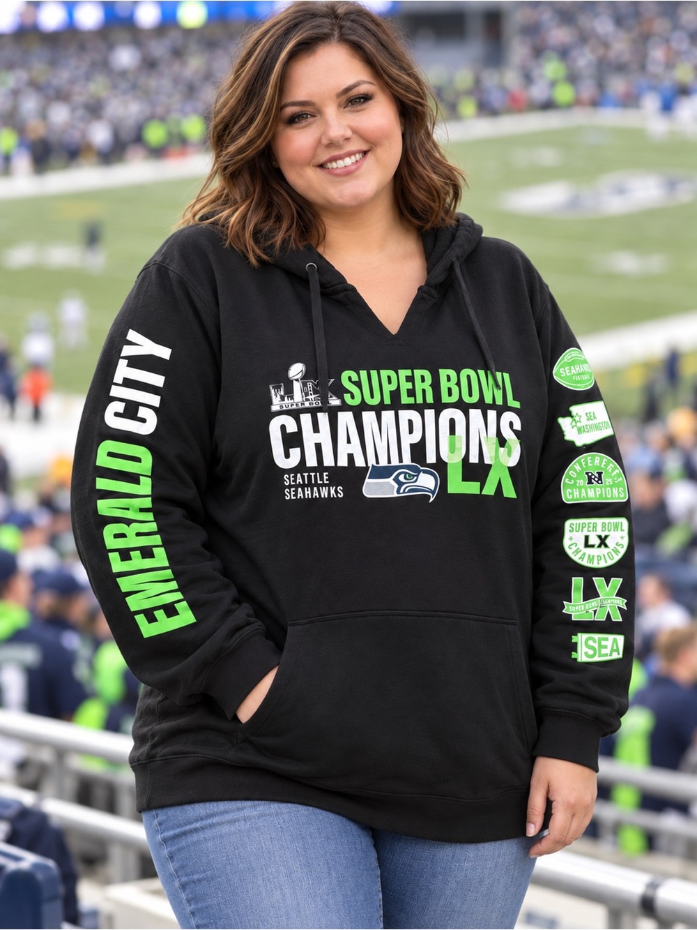 🆕 Fanatics Seattle Seahawks Super Bowl LX Champions Hoodie Women’s 1X Black